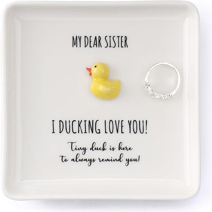 HOME SMILE Duck Ring Dish Tray-Inspirational Birthday Mothers Day Sister Gifts,Soul Sister Friend Gifts for Women Girls Presents for Sister-I Ducking Love You Sister