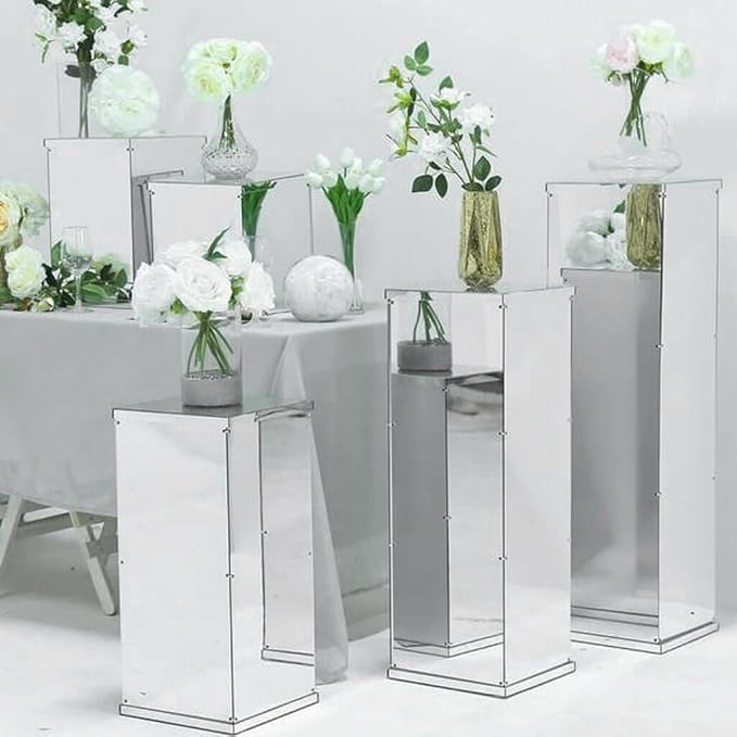 Efavormart Set of 5 Silver Mirror Finish Wedding Decor Ideas Clear Display Box for Centerpieces with Interchangeable Lid and Base