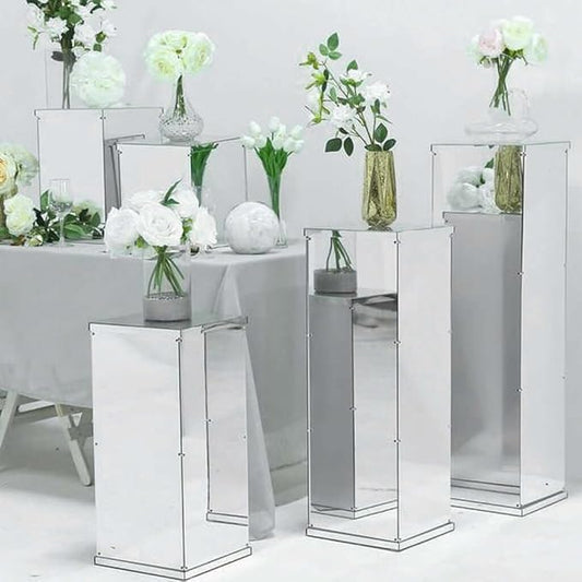 Efavormart Set of 5 Silver Mirror Finish Wedding Decor Ideas Clear Display Box for Centerpieces with Interchangeable Lid and Base