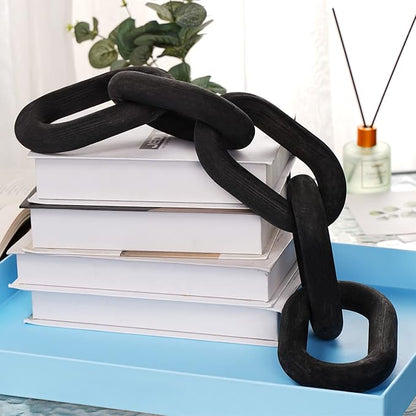 Decorative Wood Chain Link Modern Boho Home Farmhouse Decor, 5 Link Chain Decor Hand-Carved Wooden Aesthetic Crafts, Sustainable Pine Wood for Shelf, Living Room, Rustic Country(Black)
