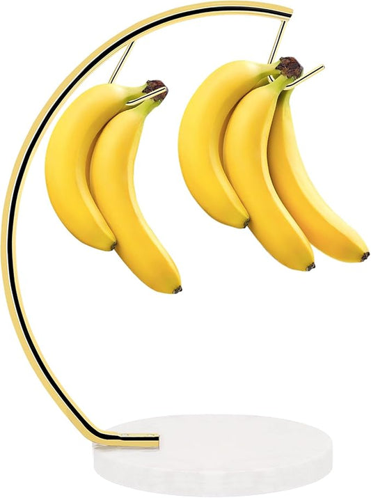 Livabber Banana Holder with Marble Base, Metal Banana Hanger Modern Tree Stand with Hook, Stylish Banana Keeper Fresh Fruit Storage Organizer Freestanding for Kitchen Countertop (Gold, Double Hook)