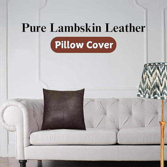 Lambskin Leather Pillow Cover - Sofa Cushion Case - Decorative Throw Covers for Living Room & Bedroom, 18x18 Inches - Grey Antique Plain Pack of 2