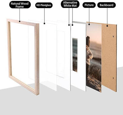KINLINK 11x14 Picture Frame Natural, Solid Wood Frames 14x11 with Acrylic Plexiglass for Pictures 5x7/8x10 with Mat or 11x14 without Mat, Tabletop and Wall Display Photo Frame Set of 4