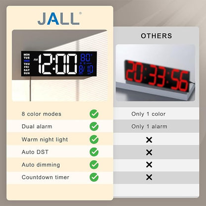 JALL 16" Large Digital Wall Mount Clock, Count Down Timer, Alarm, Big LED, RGB Color, DST, Temperature for Living Room Classroom Desk, Xmas, Birthday Gift for Senior Mom Dad (White Blue, 16 inches)