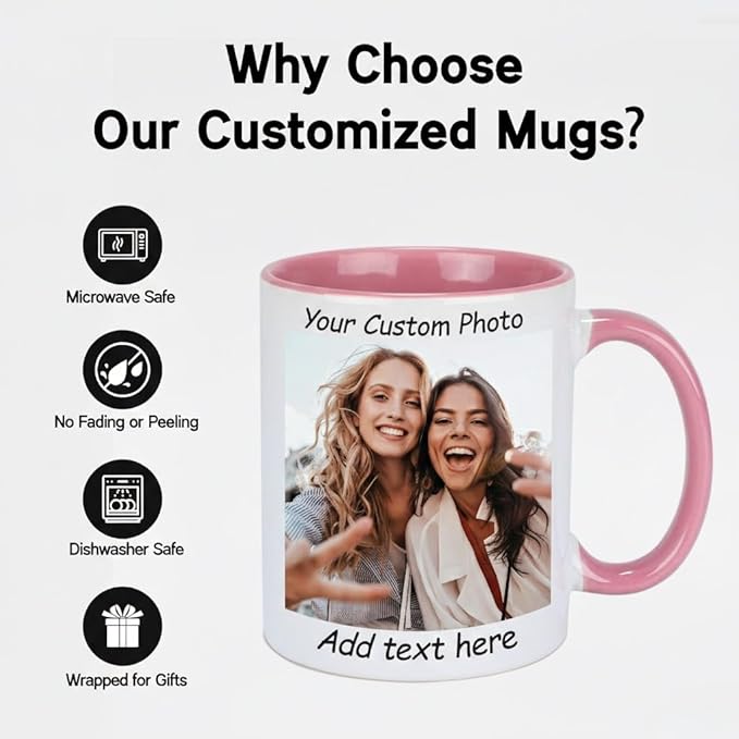 Custom Coffee Mug, Customizable Coffee Cups with Pictures Personalized Ceramic Mug for Gifts Novelty Personalized Mugs for Friends (Pink)