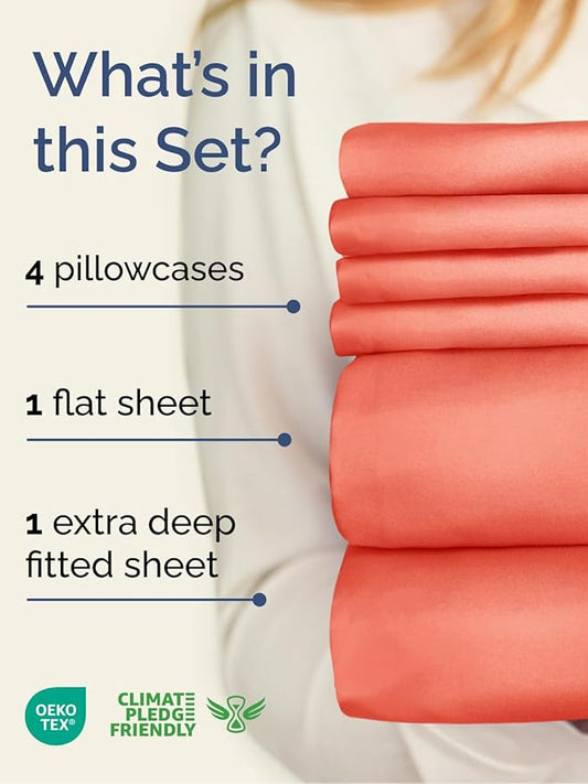 Extra Deep King Sheet Set - 6 Piece Breathable and Cooling Sheets - Hotel Luxury Bed Sheets Set - Easy & Secure Fit - Soft, Wrinkle Free and Comfy Sheets Set - Coral Sheet Set with Extra Deep Pockets