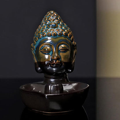 Buddha Head Incense Holder for Sticks, Small Ceramic Incense Burner Healing, Meditaiong, Zen, Timer of Spa or Yoga, with Ash Catcher (Blue)