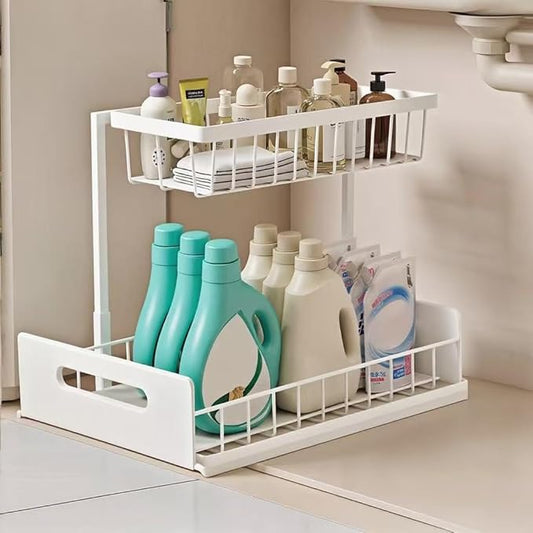 Under Sink Organizer Pull Out Kitchen Sink Organizer, 2 Tier L-Shape Bathroom Organizers and Storage with Sliding Drawer for Kitchen Bathroom Pantry (White, 1 Pack)