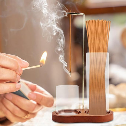 2 in 1 Incense Holder for Sticks, Anti-Ash Flying Incense Burne with Glass Ash Catcher and Incenses Sticks Storage, Hang Upside Down for Yoga, Spa, Meditation, Wooden Home Decor