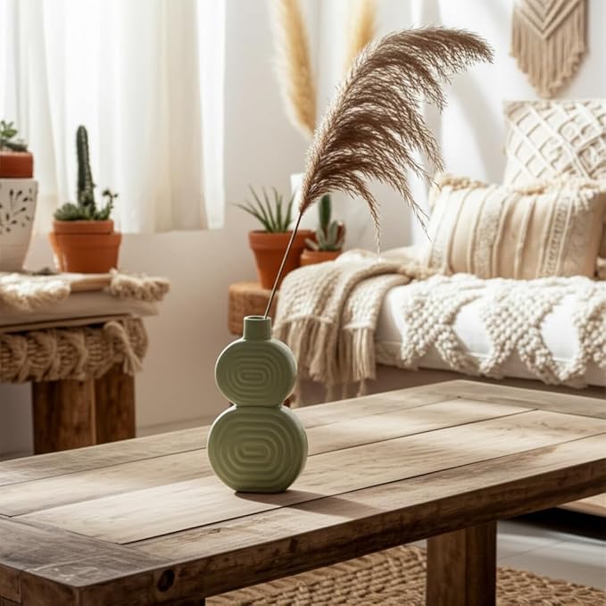 Sagebrook Home Boho Ceramic Vase - Textured Stoneware Decorative Accent for Home, Office, Bedroom & Living Room - Modern Minimalist Flower Holder - 10" Green
