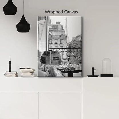Black and White Photography Canvas Wall Art, Woman Reading Newspaper In Paris Hotel Aesthetic Poster, Retro Paris Tower Museum Photo Print, Luxury Fashion Breakfast Wall Decor 24x36in Wrapped Canvas