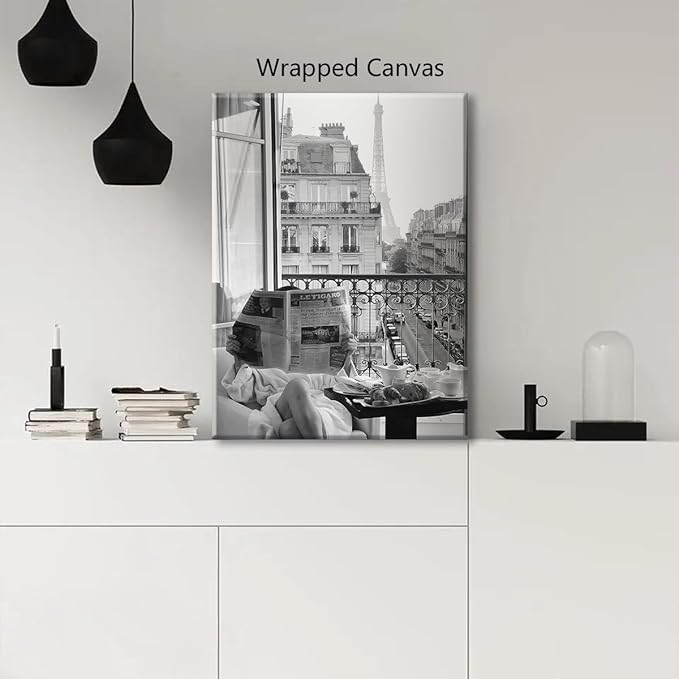 Black and White Photography Canvas Wall Art, Woman Reading Newspaper In Paris Hotel Aesthetic Poster, Retro Paris Tower Museum Photo Print, Luxury Fashion Breakfast Wall Decor 8x12in Wrapped Canvas
