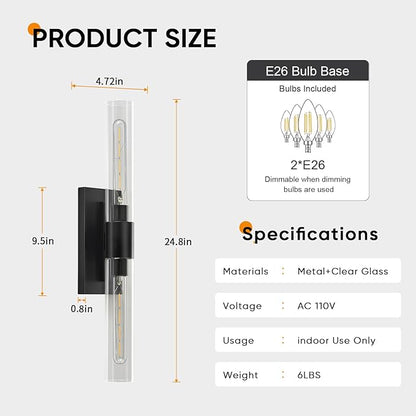 24.8" L Wall Sconces Set of 2, Black Wall Lights Fixtures Morden Cylinder Wall Light for Bathroom Vanity Light Indoor Wall Mounted Lamps for Living Room,Bedroom,Hallway