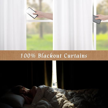 LAMIT 100% White Blackout Curtains for Bedroom, 63 Inches Polyester Textured Thermal Curtains Back Tab and Rod Pocket Burlap Panels with White Liner for Farmhouse/Living Room, 2 Panels, 52 x 63 Inch