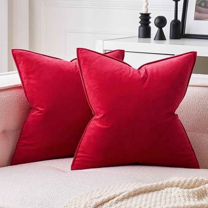 MIULEE Pack of 2 Christmas Red Decorative Velvet Throw Pillow Covers Soft Pillowcase Cozy Soft Square Pillowcases Cushion Covers Cases for Winter Sofa Couch Bedroom Home Decor 18x18 Inch