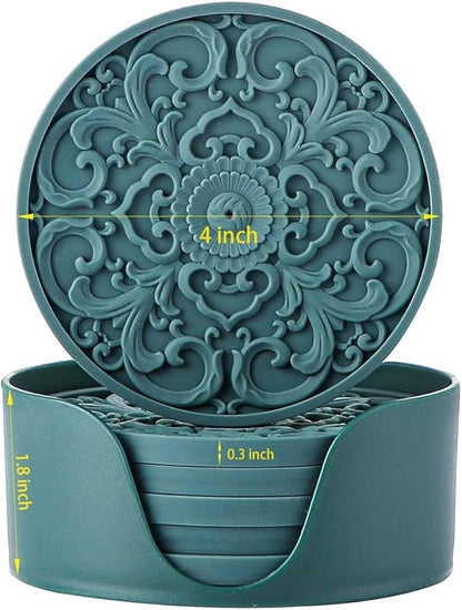 Colinda Silicone Coasters - Set of 6 with Holder, Non-Slip Cup Mats for Hot and Cold Drinks, Decorative Designs, Gift Ready Packaging,Turquoise