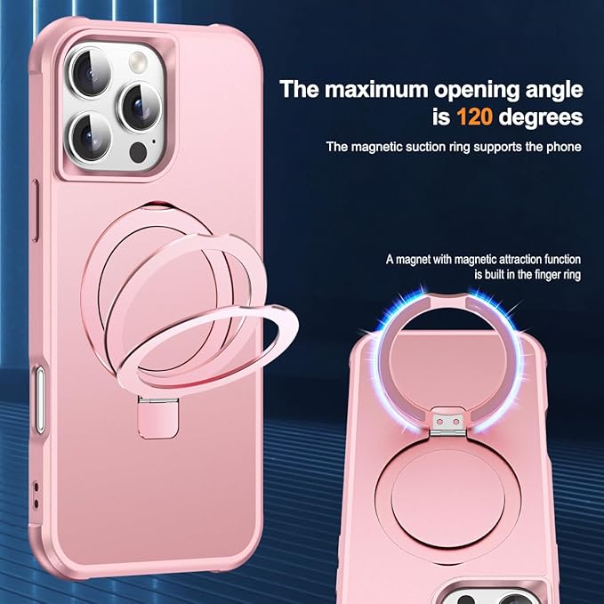 Compatible with iPhone 16 Pro Max Case with Invisible Magnetic O-Ring Stand Military-Grade Case for iPhone 16 ProMax 6.9" [Compatible with Mag-Safe][Great Grip Feeling], Rose Gold