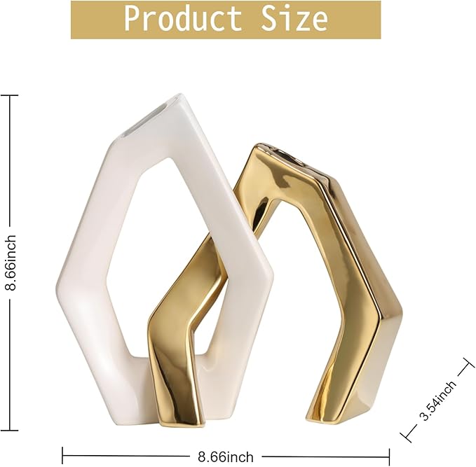 White and Gold Vase Set of 2, Modern Geometric Abstract Ceramic Flower Vase for Centerpieces, TV Stand Decor, Ideal Housewarming or Wedding Gift
