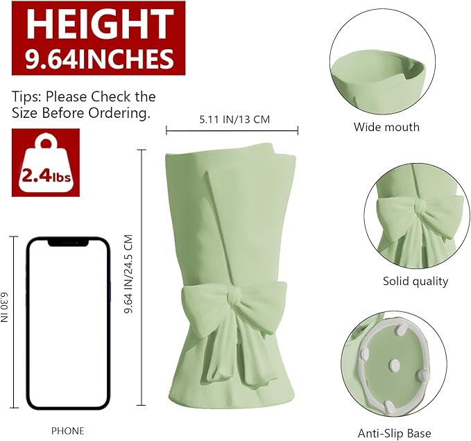 Green Ceramic Bow Vase 9.64 in Unique Cute Modern Decorative Bouquet Flower Vases for Home Living Room Table Decor Women Girl Gifts