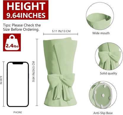 Green Ceramic Bow Vase 9.64 in Unique Cute Modern Decorative Bouquet Flower Vases for Home Living Room Table Decor Women Girl Gifts