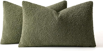 MIULEE 12x20 Inch Decorative Lumbar Throw Pillows for Bed Set of 2 Textured Boucle Neutral Spring Throw Pillow Covers Olive Green Accent Solid Pillowcases Sofa Livingroom Home Decor
