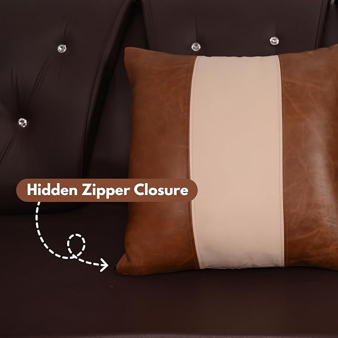D DOLLY LAMB Lambskin Leather Pillow Cover - Sofa Cushion Case - Decorative Throw Covers for Living Room & Bedroom, 22x22 Inches - Tan & Off - White Plain