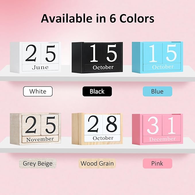 Wooden Block Calendar for Desk, Large Size Daily Desktop Perpetual Desk Calendar, Cute Date Display Desk Accessories for Home Office Decor, Teacher, Classroom, Reusable Yearly, Pink