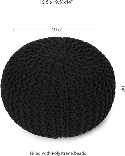 REDEARTH · Round Pouf Ottoman - Hand Knitted Cable Boho Poof Home Décor Pouffe Circular Footrest for Living Room - Nursery - Bedroom - Lounge 100% Cotton (19.5"x19.5"x14") - Black, Set of 2