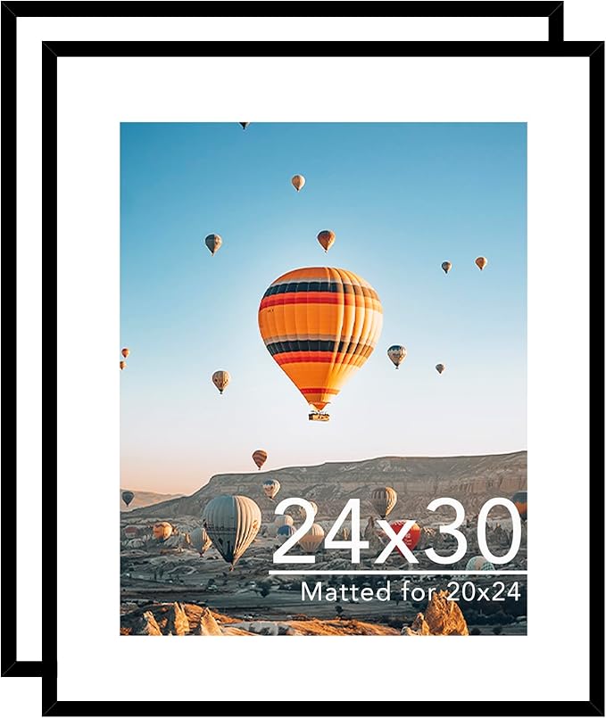 24x30 Picture Frame with 20x24 Mat Set of 2, Display Photo 20x24 with Mat or 24 x 30 Without Mat, Wall Hanging Large 24 by 30 Poster Frame with Plexiglass, 2 Pack, Black