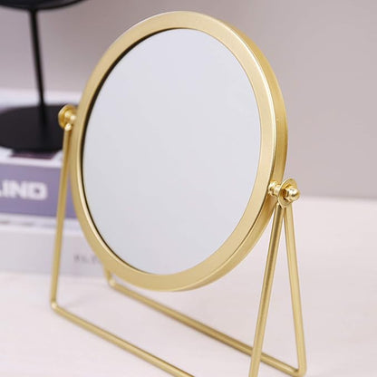 Iron Tabletop Makeup Mirror, Round Swivel Desktop Stand Mirror, 360°Rotation One-Sided Dressing Table Mirror(Golden)