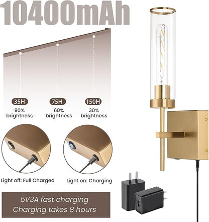Wall Sconces,Gold Battery Operated Wall Sconce 10400mAh Fast Chargin Endurance 150 Hours Infinitely Dimmable with Remote Control Wireless Wall Lights for Bedroom Living Room Hallway