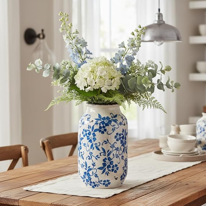 Blue and White Ceramic Vase for Flowers,9 inch Rustic Vintage Chinoiserie Vases Home Decor, Farmhouse Decor, Shelf, Living Room, Bedroom, Table Decoration
