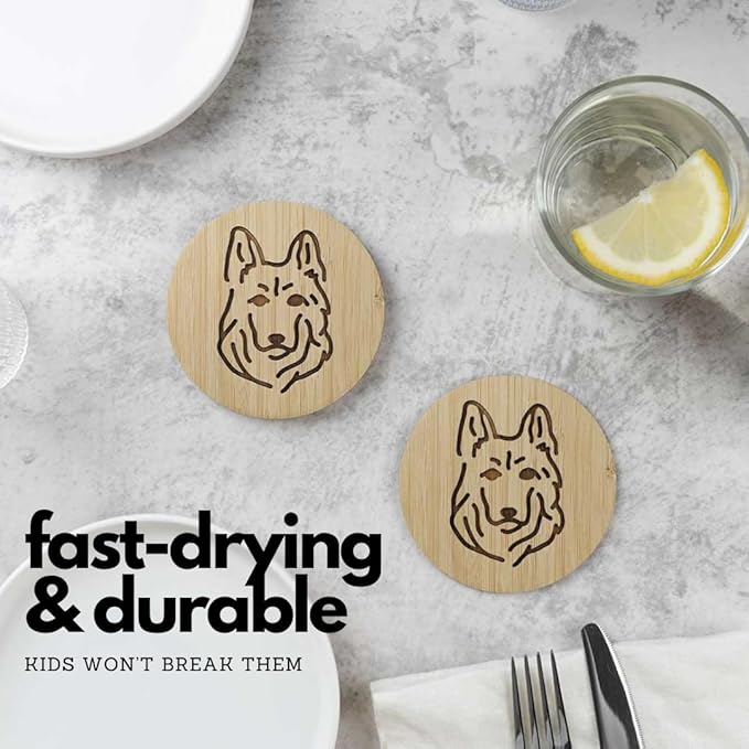 Set of 6 Bamboo Laser-Engraved Fun Dog Coasters with Iron Holder - Gift Packaging 3.9 Inch Non-Stick Absorbent Durable and Unbreakable Wooden Cup Coasters for Dog Lovers (German Shepherd)
