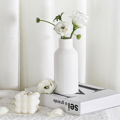 Bohemian White Ceramic Vase - for Pampas Grass, Mantel, Bookshelf, Entryway and Living Room Decor (White, 7in)