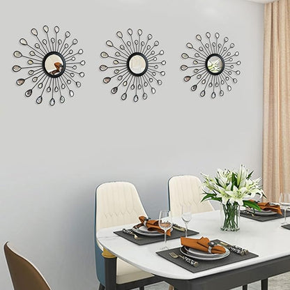 Uaussi 3 Pack Crystal Sunburst Wall Mirror Décor Rhinestone Mirrors Decorative Home Wall Art for Living Room Bedroom Entryway(Drop-Shape Black)