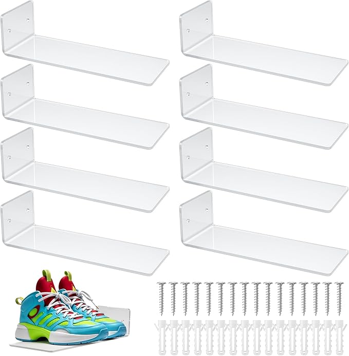 8 Pieces Floating Shoe Racks, Clear Acrylic Floating Shoe Display Shelves with Screws and Anchors, 8 X 3 Inch Floating Shoe Shelves for Wall, Great for Bedroom, Gaming Room, Sneaker Collection