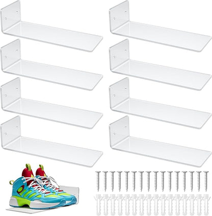8 Pieces Floating Shoe Racks, Clear Acrylic Floating Shoe Display Shelves with Screws and Anchors, 8 X 3 Inch Floating Shoe Shelves for Wall, Great for Bedroom, Gaming Room, Sneaker Collection