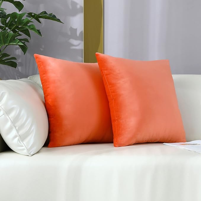 mixeoo Comfy Peach Coral Throw Pillow Covers Decorative Square Solid Velvet Super Soft Cushion Cases Home Decor for Sofa Couch, Set of 2, 14 x 14 Inch