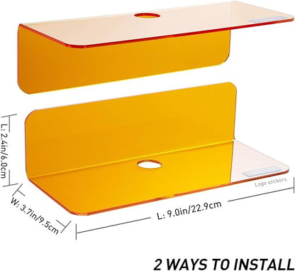 OAPRIRE Small Acrylic Floating Wall Shelves Set of 2, Flexible Use of Wall Space, 9 Inch Adhesive Display Shelf for Security Cameras/Smart Speaker/Action Figures, with Cable Clips - Clear Orange