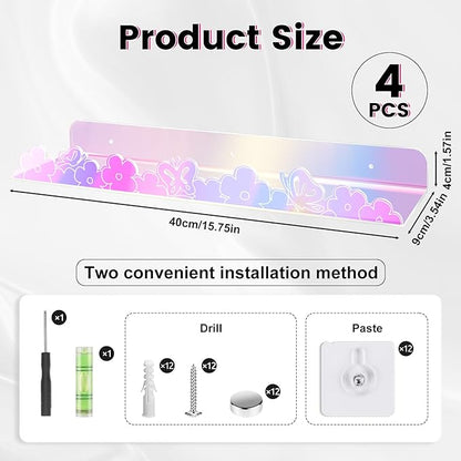 Floating Shelves for Wall,4 Pack 15.7’’x 3.5’’Adhesive Acrylic Shelves Organizer for Book Toy Photo Makeup,Wall-Mounted Kids Storage for Bathroom,Bedroom,Nursery,Iridescent Butterfly