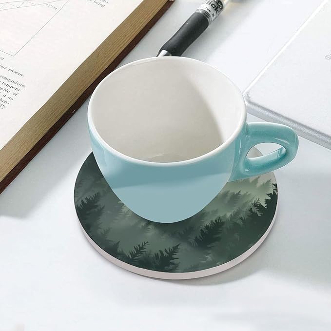 Round-4PCS Forest Drink Coasters,Modern Ceramic Absorbent Coasters, Watercolor Green Forest Flying Birds Nature Mountain Tree Woodland Decor Desk Coffee Table Coaster for Beverage Cup Tea Coasters