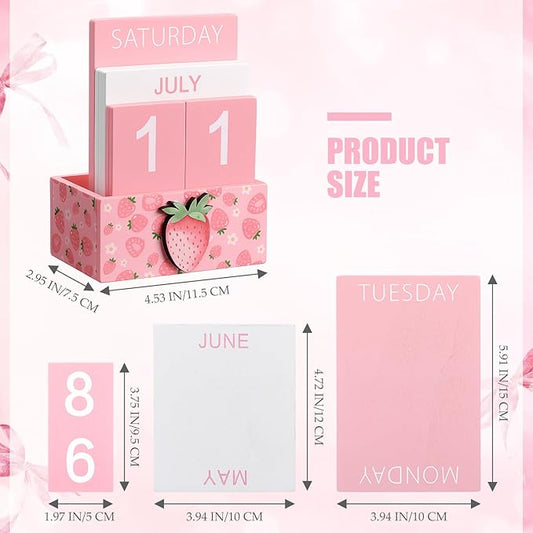 Pink Strawberry Wood Block Perpetual Calendar Coquettish Desk Decor Cute Month Week Date Display Decorative Block Calendar for Women Office Home Desk Gift for Women