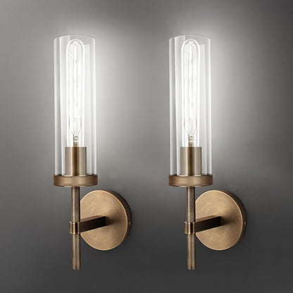 Bronze Wall Sconces Set of Two with White Light, 15'' Brushed Brass Knurled Bathroom Sconces Wall Lighting Vanity Light with Clear Glass for Living Room Mirror Bedroom Stairs