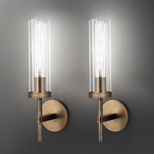 Bronze Wall Sconces Set of Two with White Light, 15'' Brushed Brass Knurled Bathroom Sconces Wall Lighting Vanity Light with Clear Glass for Living Room Mirror Bedroom Stairs