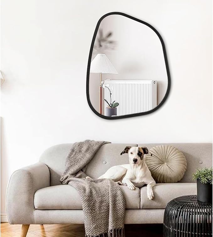 Irregular Bathroom Mirror Modern Oval Wall Mirror Asymmetrical Wooden Framed Wall Mirror Unique Shape Wall Mounted Vanity Artistic Mirror Decor for Living Room Bedroom Entryway Large 26"x18"