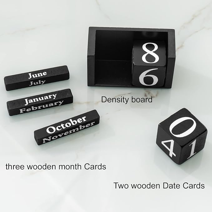 Perpetual Desk Calendar Wooden Block Calendar for Desk Reusable Date Display Blocks for Office Home Decor Teacher Classroom Accessory (Black)