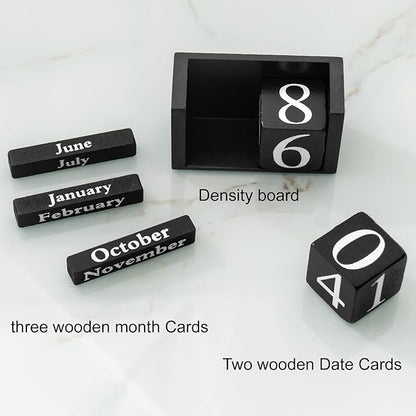 Perpetual Desk Calendar Wooden Block Calendar for Desk Reusable Date Display Blocks for Office Home Decor Teacher Classroom Accessory (Black)