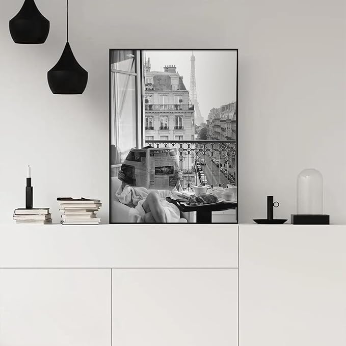 Black and White Photography Canvas Wall Art, Woman Reading Newspaper In Paris Hotel Aesthetic Poster, Retro Paris Tower Museum Photo Print, Luxury Fashion Breakfast Wall Decor 16x24in Framed
