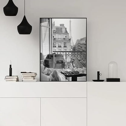Black and White Photography Canvas Wall Art, Woman Reading Newspaper In Paris Hotel Aesthetic Poster, Retro Paris Tower Museum Photo Print, Luxury Fashion Breakfast Wall Decor 16x24in Framed