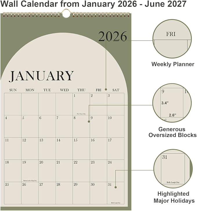 2026 Calendar - Large Calendar 2026-2027 from January 2026 - June 2027, 18 Months Calendar/Planner with Thick Paper, 20" x 30", Vertical, Green
